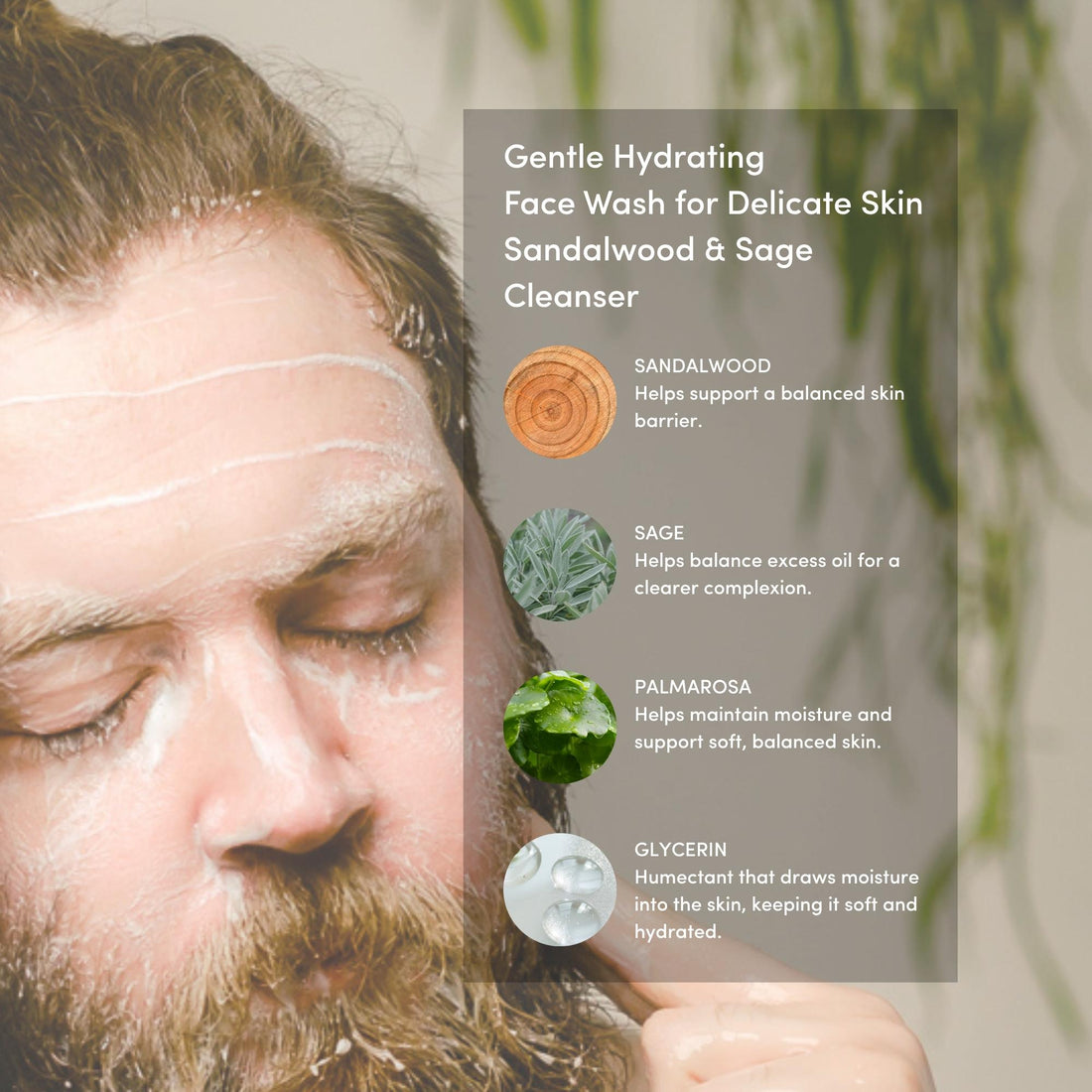 Man with a beard applying a face wash with sandalwood, sage, palmarosa, and glycerin ingredients displayed - urban veda