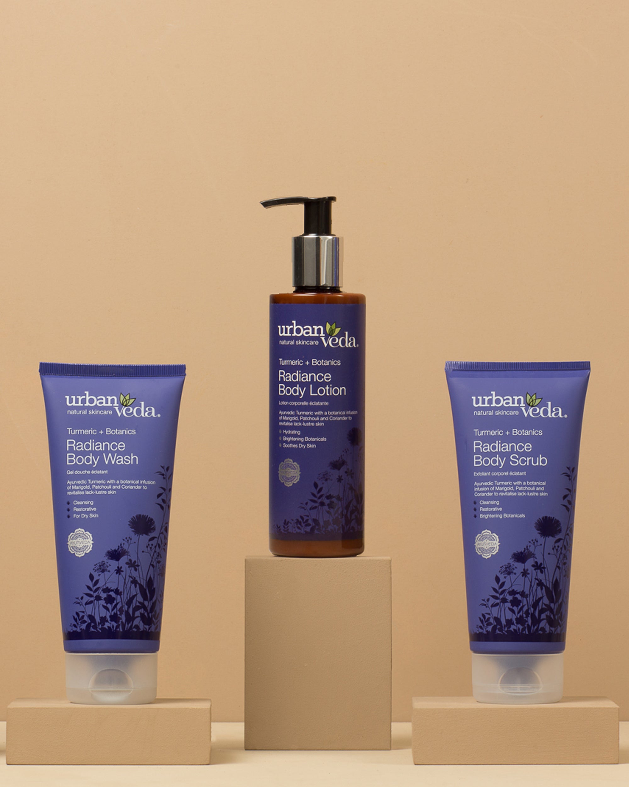 Radiance Ayurvedic Body Trio - Best skin firming lotion, best body exfoliating scrub, best body wash for women