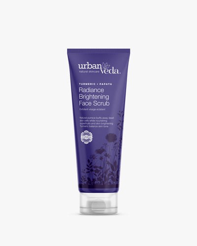 Urban Veda Radiance Brightening Face Scrub tube with turmeric and papaya