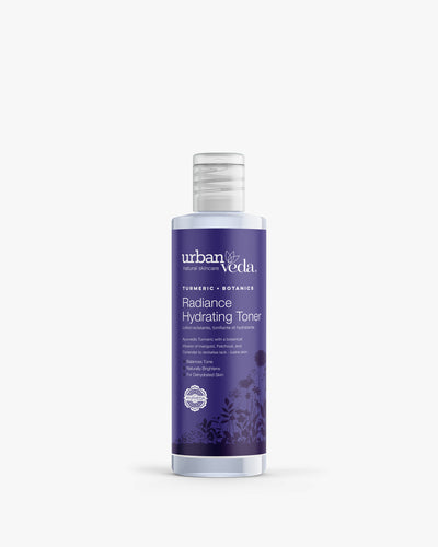 Urban Veda Radiance Hydrating Toner bottle with a purple turmeric label