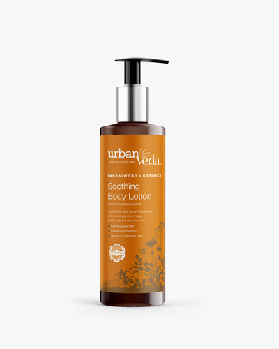 Urban Veda Soothing Body Lotion bottle with an orange sandalwood label
