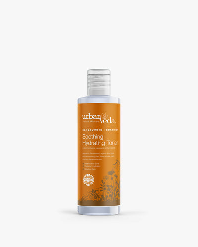 Urban Veda Soothing Hydrating Toner bottle with an orange sandalwood label