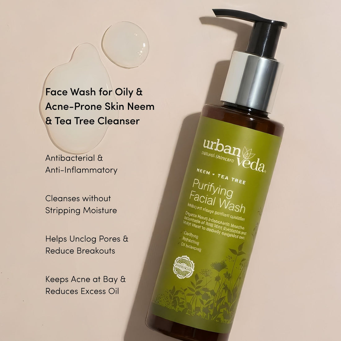 Urban Veda Purifying Facial Wash with neem and tea tree, with its key benefits listed