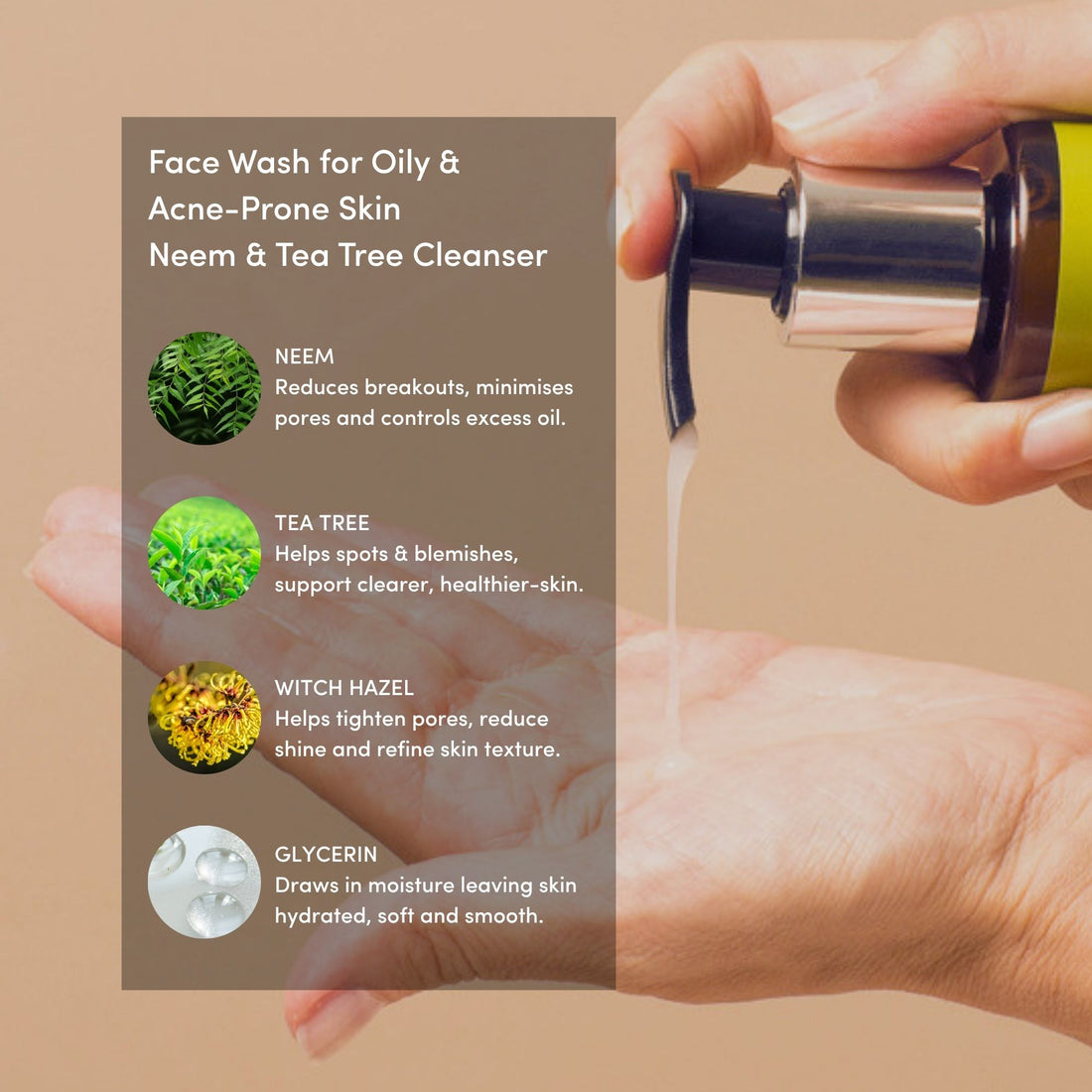 Pumping Urban Veda Purifying Facial Wash onto a hand, with neem, tea tree and witch hazel shown